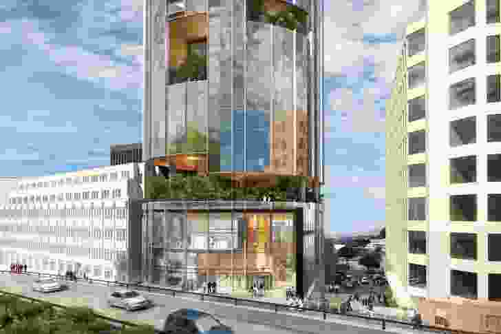 The updated design for the proposed hotel by Xsquared Architects. The “sky gardens” present in the original design have been concentrated on the Franklin Square-facing side.