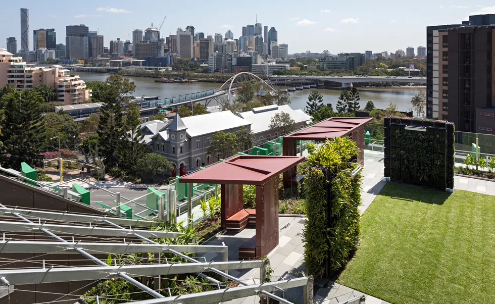 Image of Grassed areas in the Lady Cilento Children’s Hospital “secret garden,” with views to the Brisbane River and CBD.

