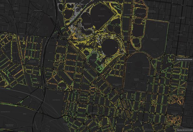 A visualization from City of Melbourne’s Urban Forest Visual website showing age and tree species of individual trees within the council area.