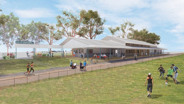 At the Ward Oval Multipurpose Hall, adjacent to the playing fields, a verandah and a covered terrace provide “open-sided corridors of movement and rest.”