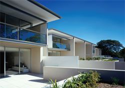 Overview of the upper levels. The development steps across and down the steep site.