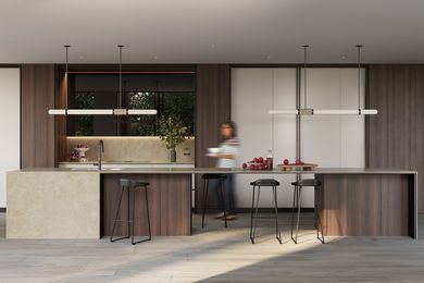 Porcelain Mosstone integrated into a kitchen designed by Studio Minosa.