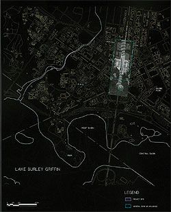 James Jones's stage 1 entry for the Centenary of Federation Place competition. Plan showing the
proposal in Canberra’s urban context. 