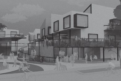 Concept render of a cooperative housing model on a council carpark site in inner Sydney, prepared by Sibling Architecture as part of research supported by an Alastair Swayn grant.