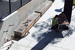 Seating outside the cafe is sheltered under the canopy. Image: Brett Boardman
