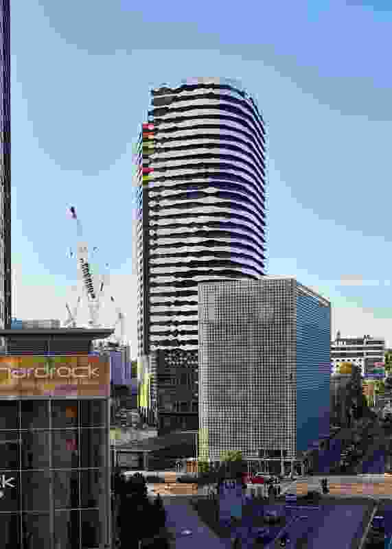 The apartment tower stands at the northern end of the Swanston Street civc axis that runs through Melbourne's CBD.