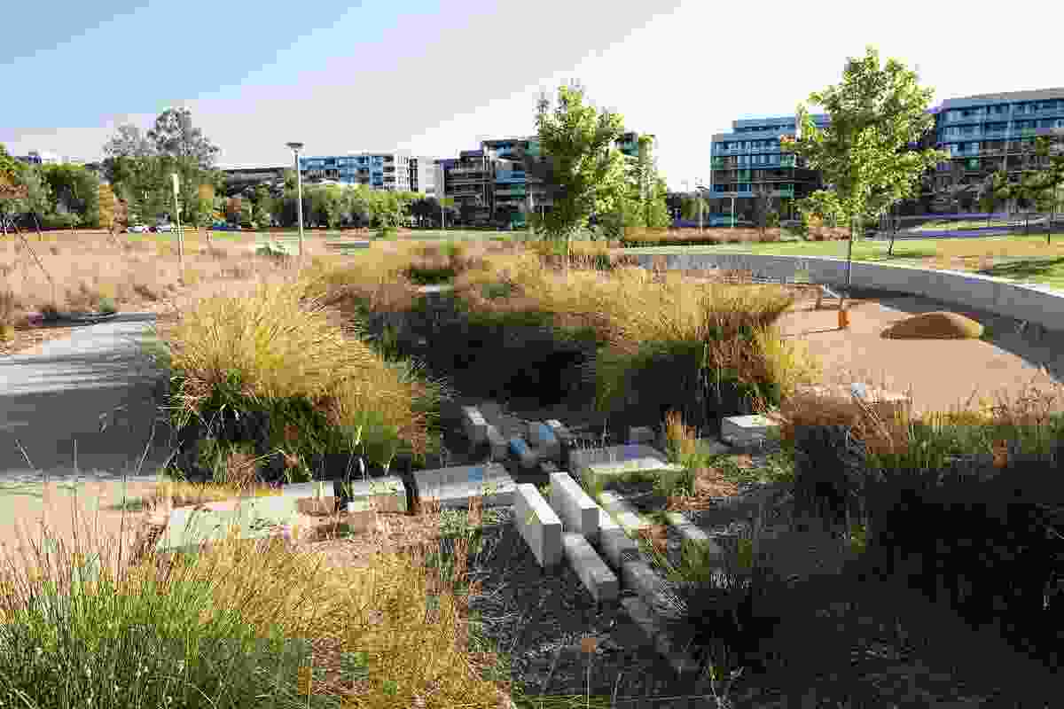 The park’s water management infrastructure daylights stormwater treatment - pictured here in dry times.