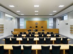 The law court interiors are provided with ample natural light. Photographer Daniel Hopkinson.