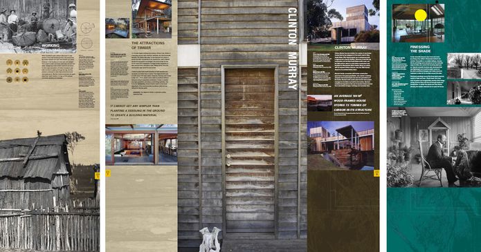 Exhibition panels illustrating the themes of timber, and air.