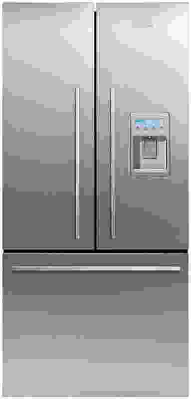 French Door 790 mm fridge with ice/water dispenser and freezer drawer.