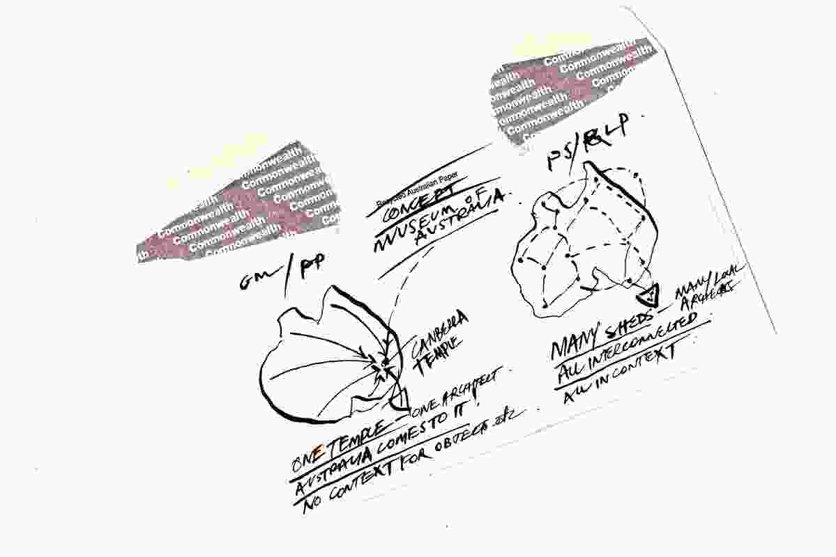A sketch drawn by Paul Pholeros for a proposal for the National Museum of Australia (1993) with Glenn Murcutt, Rick Leplastrier and Peter Stutchbury.