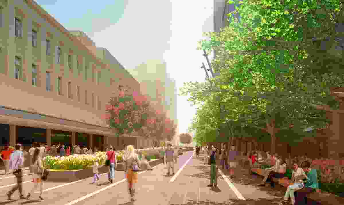 Tree-lined Station Road in the proposed redevelopment of Adelaide Festival Plaza designed by ARM Architecture and Taylor Cullity Lethlean.