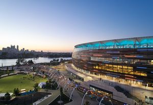 Optus Stadium’s bronze facade references Western Australia’s unique geology.