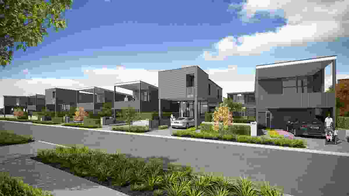 A series of two-storey townhouses, designed by Architecture Workshop for builder Universal Homes as a model for increased density in the new suburb of Hobsonville, Auckland.