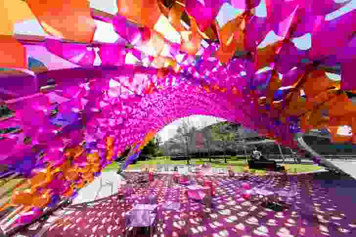 The underside of the 2015 Summer Architecture Commission by John Wardle Architects is clad in 1,350 hand-folded polypropylene blooms.