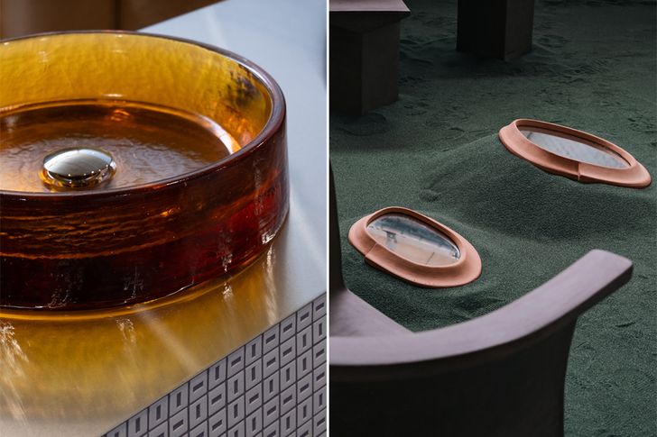 Left: An Agape Massicci Basin sits atop a bench clad in Decoratori Bassanesi's Flicker tiles. Right: Élan Mirrors by Jordan Fleming are placed on mounds of green-coloured sand.