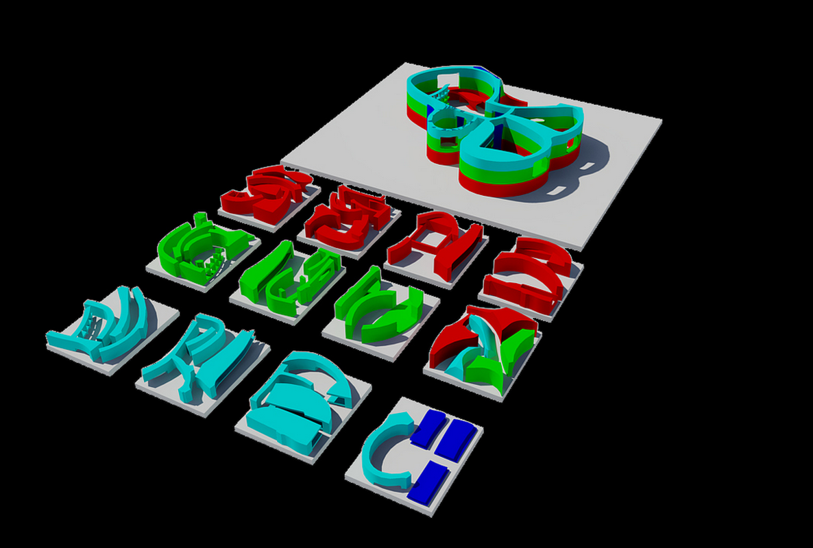 The blocks for different sections of the house divided into different printing areas, shown on the 3D printing software.
