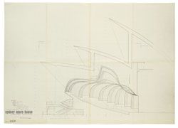Longitudinal section showing the “stepped cloud” scheme for the Minor Hall, 1960. Utzon Collection, Mitchell Library, State Library of New South Wales.