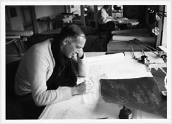 Jørn Utzon making a sketch for the auditorium ceiling design at Yuzo Mikami’s drawing board, 1960. Utzon studio, Hellebæk, North Zealand. Photograph by Yuzo Mikami.