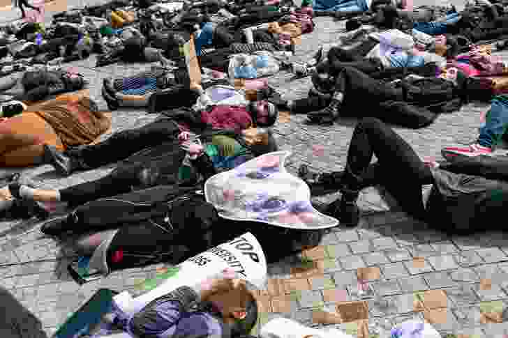 Delegates of the 2019 AILA Festival The Square and the Park participated in a biodiversity “die-in" at Fed Square, protesting against the impacts of urban development on biodiversity.
