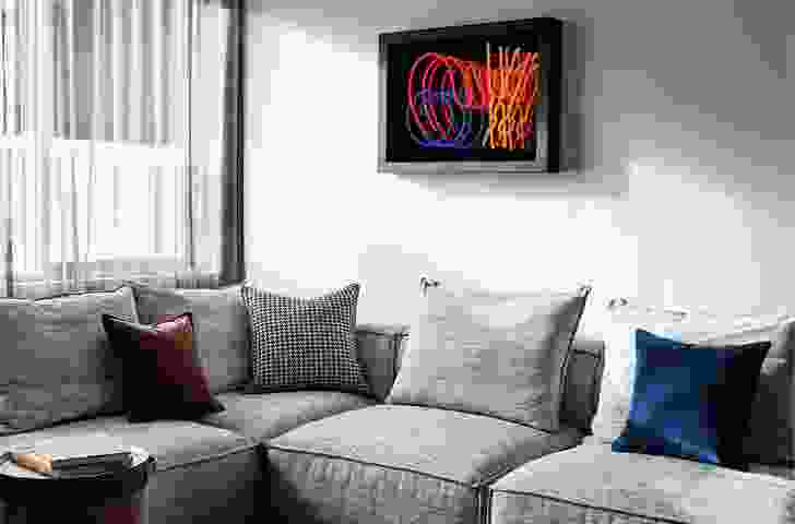 Neon art boxes by Karl Gordon are used in guest rooms.