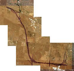 N°2 Composite view, showing the route of the bypass through the volcanic plains of western Melbourne. The road curves away from residential areas into a semi-rural industrial landscape. Aerial image from Google Earth.