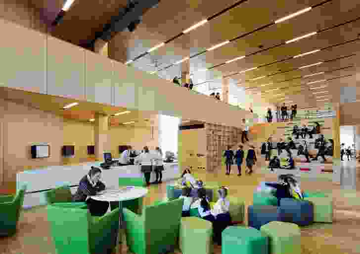 The double-storey-height atrium in the Learning Resource Centre features amphitheatre seating.