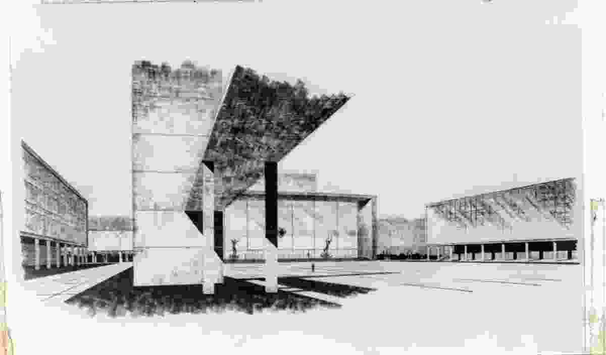Cumberland County Council's scheme for a proposed civic centre on the Sydney Hospital site. Architect unknown, Cumberland County Council  1955.