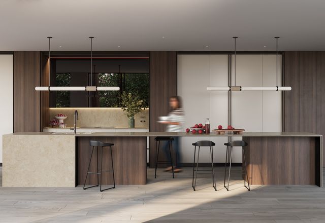 Porcelain Mosstone integrated into a kitchen designed by Studio Minosa.