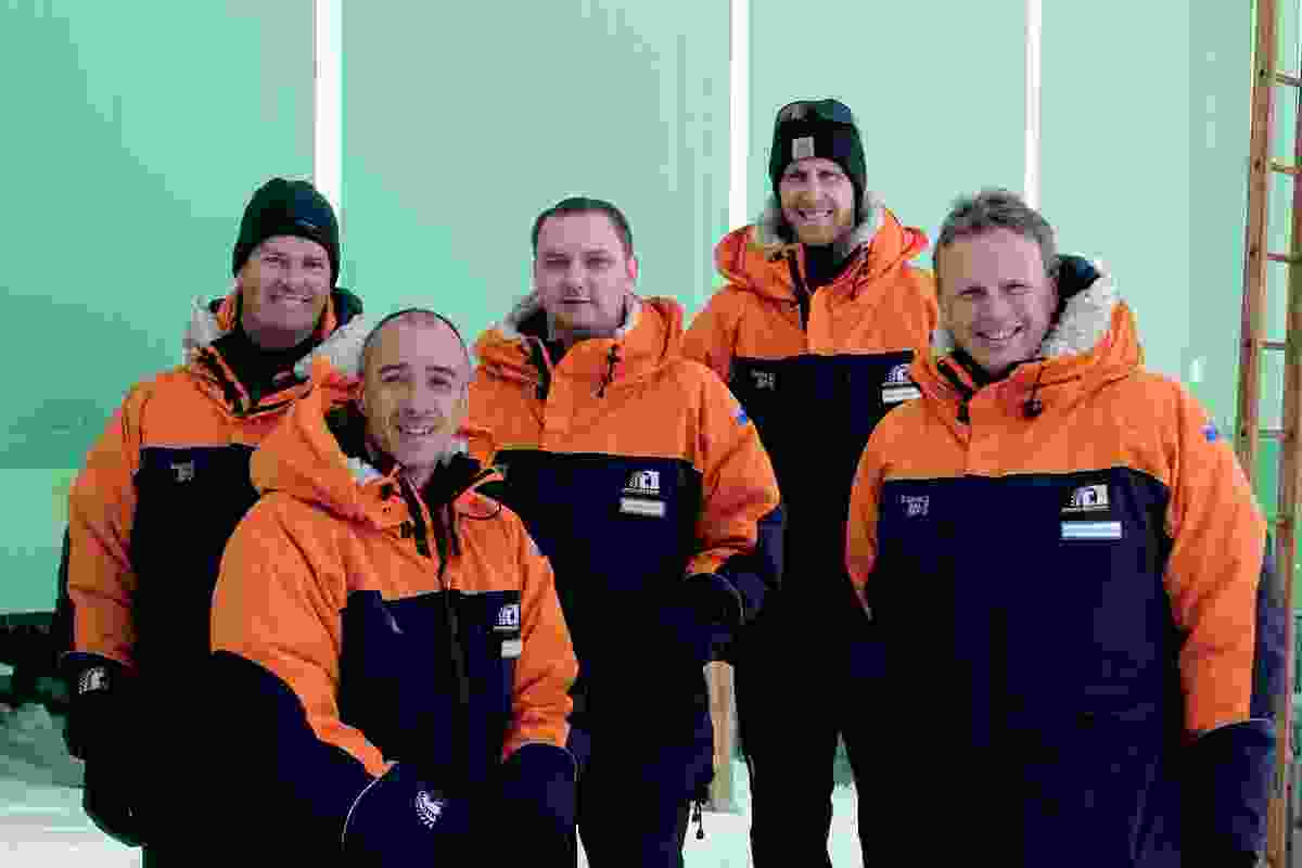 Members of the collaborative design team at Scott Base, Antarctica, from left to right: Jamie Lester (WSP Opus), Stephen Middleton (Jasmax), Martin Craig (Steensen Varming), Simon Shelton (Antarctica New Zealand) and Hugh Broughton (Hugh Broughton Architects).