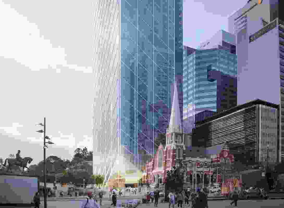 The proposed mixed-use tower at the corner of Turbot and Alfred Streets in the Brisbane CBD by Guida Moseley Brown Architects.