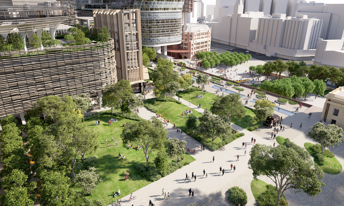 Plans for Central Green reveal major new green outdoor spaces by Architectus and Tyrrell Studio.