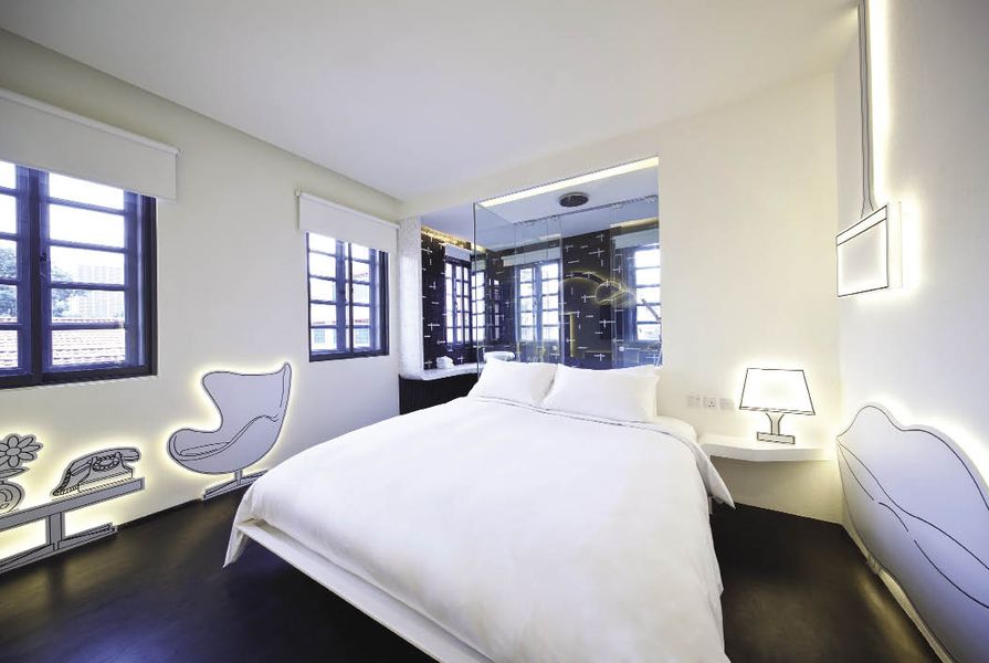 A black and white room by DP Architects of Hotel Wanderlust in Singapore, part of Design Hotels.