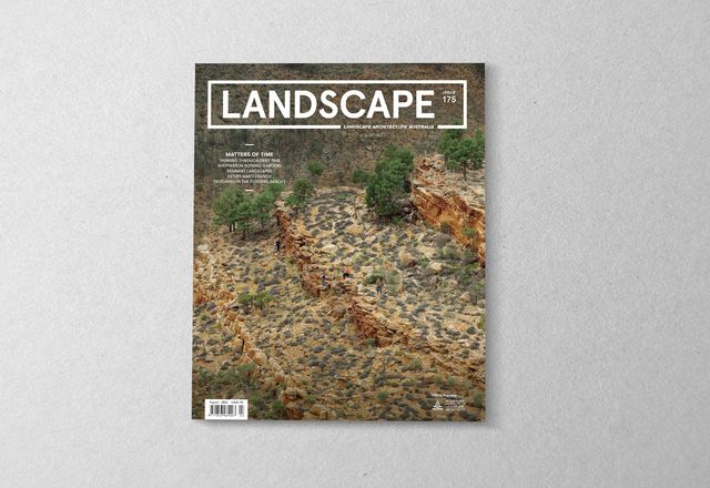 The cover of the August 2022 issue of Landscape Architecture Australia features Brave and Curious staff investigating possible walking trail alignments with pastoralists and National Parks and Wildlife Service South Australia staff at Castle Rock, Maynards Well in the Flinders Ranges.