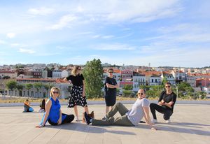 The 2019 Dulux Study Tour winners at the top of MAAT. L–R: Carly McMahon, Alix Smith, Jennifer McMaster, Phillip Nielsen and Ben Peake.