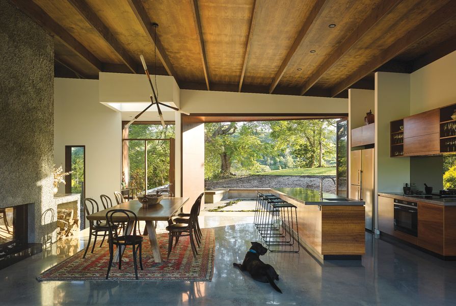 The kitchen and dining space open onto a two-level courtyard, where a treasured poinciana tree marks the point where the man-made environs finish and the wildness takes over.
