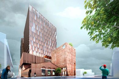 The Northumberland office tower development designed by John Wardle Architects is proposed around and above the existing Collingwood Telephone Exchange building.