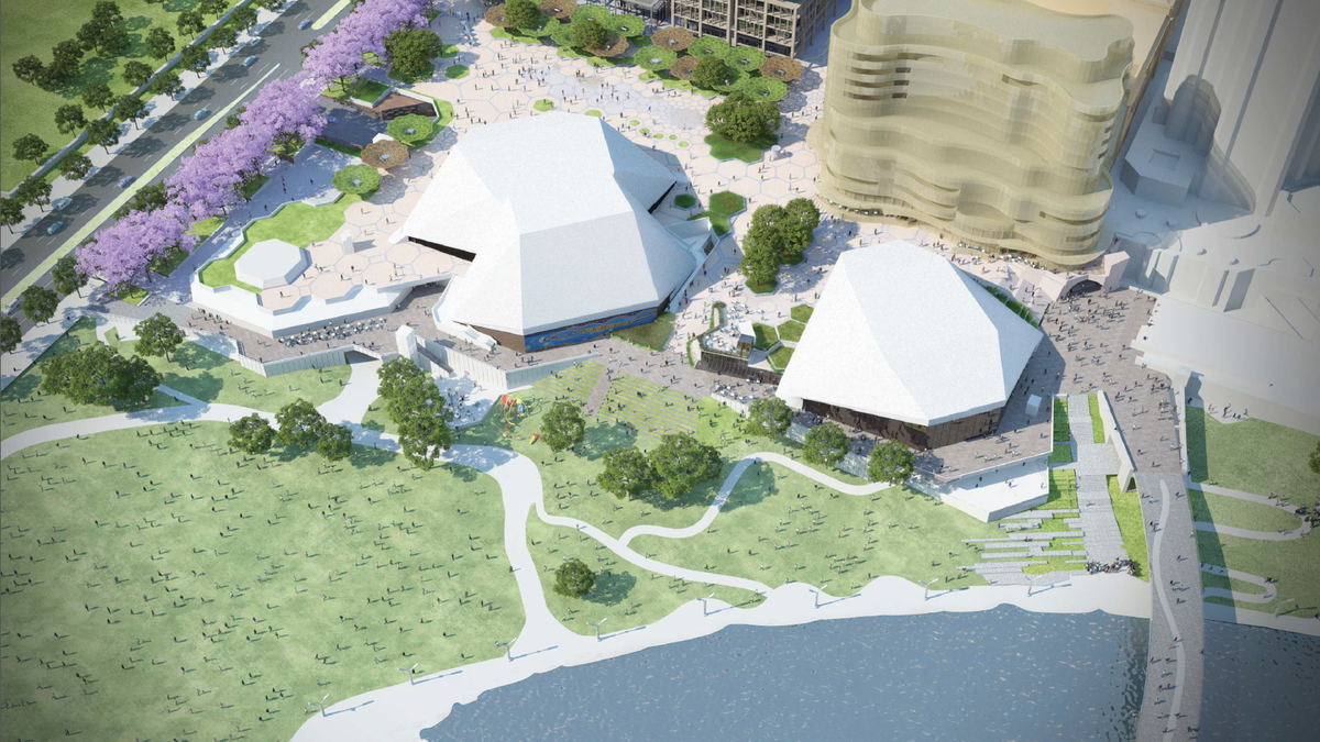 Proposed view of the promenade in the  Adelaide Festival Plaza redevelopment designed by ARM Architecture and Taylor Cullity Lethlean.