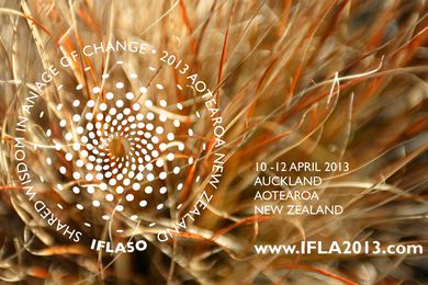 The IFLA 50 logo is inspired by the sculptural spiral form of the Maori flax flower.
