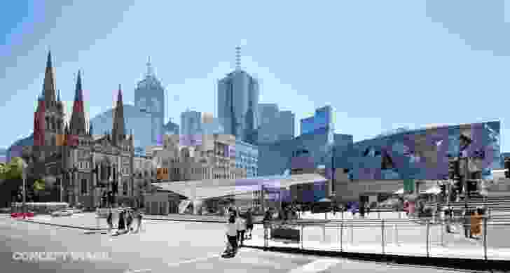 The final design for Town Hall station, Federation Square entrance, by Hassell, Weston Williamson and Rogers Stirk Harbour and Partners.