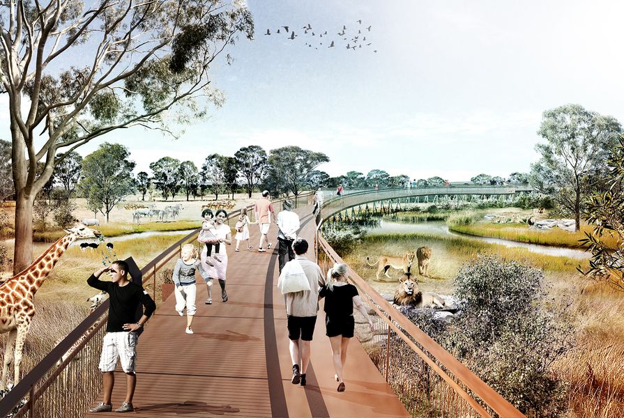 Elevated boardwalks over the African grasslands at the proposed Sydney Zoo masterplanned by Aspect Studios.