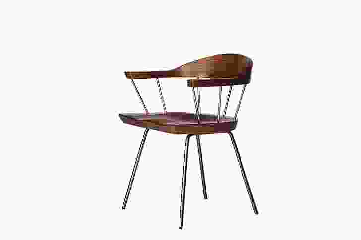 Spindle chair, in timber and steel, was inspired by Louis Kahn’s Exeter Library.