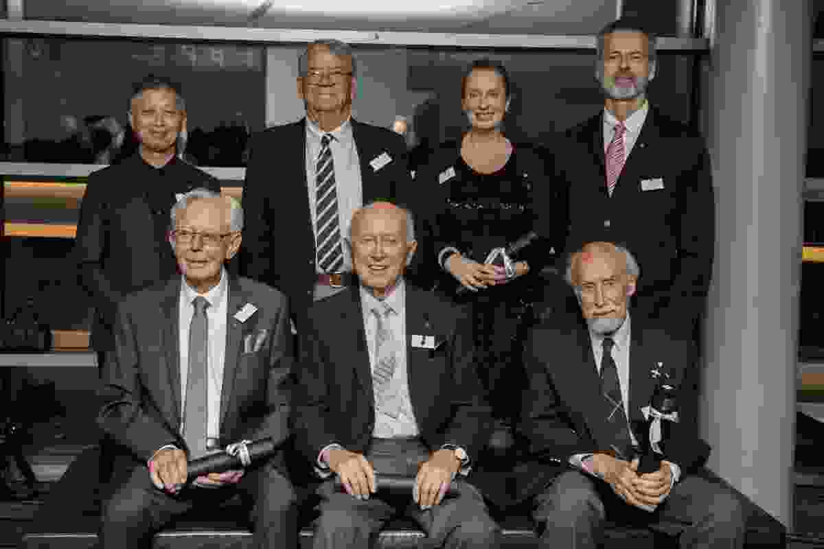 The 2016 DIA Hall of Fame inductees. Back row, L-R: Khai Liew, Winston Foulkes-Taylor (representing David Foulkes-Taylor), Joanne Cys and David Clark. Front row L-R: Ian Howard, Edward (Ted) Worsley and Langdon Badger. Absent: Aurelio (Ray) Costarella and Stuart Devlin.