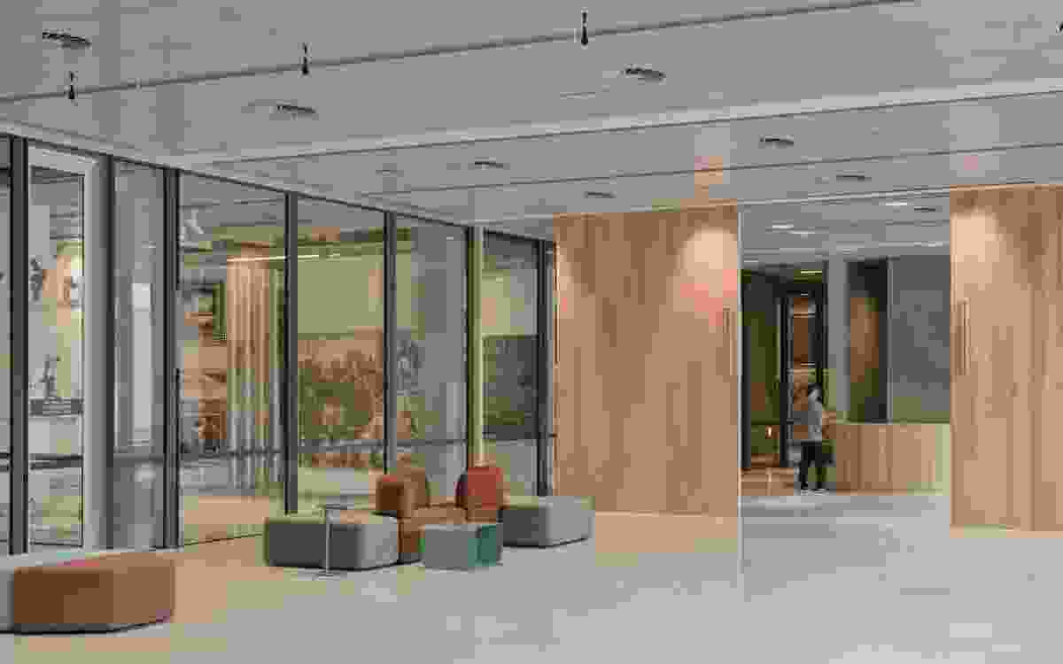 With the need to isolate any vibrations from vehicles moving across the roof, the centre’s ceiling height was set out based on the art racks. Artworks: Daniel Boyd, John Olsen, Rosalie Gascoigne, Jeffrey Smart, and Sally Smart.