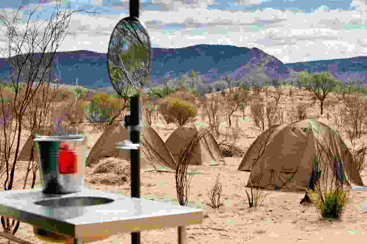 The muted green of trekkers’ tents was inspired by the colours of spinifex and mallee.