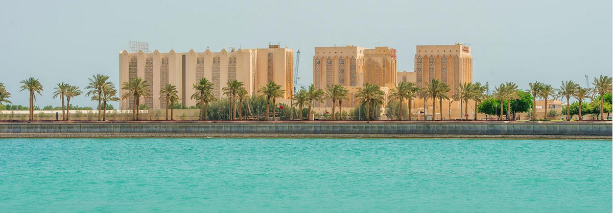 The rhythmically patterned vertical silos of the Doha Flour Mills .