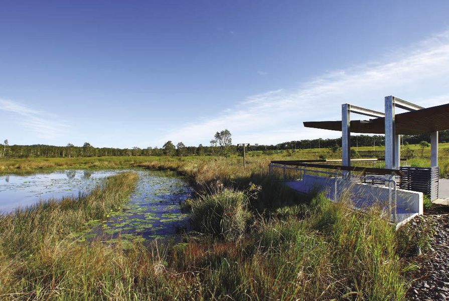Shelters overlooking wetlands provide welcome surroundings for the workers of the industrial estate.