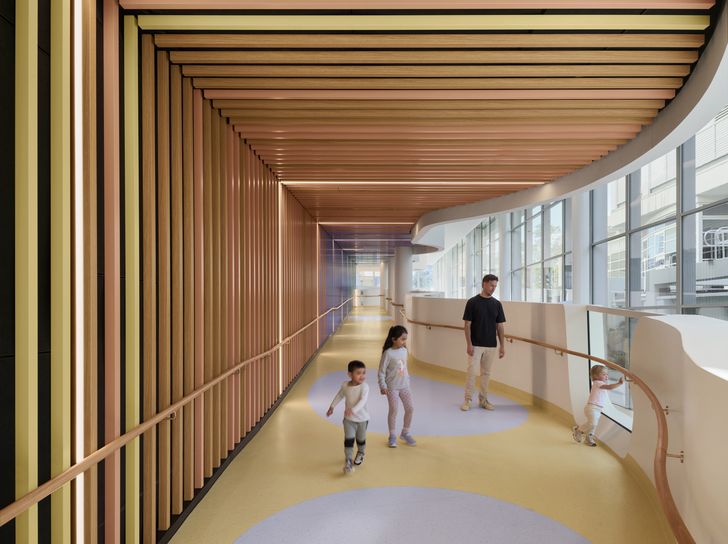 Kids Way embraces soft natural tones and curvilinear forms, drawing on the inland river landscape and the convergence of Westmead's waterways.