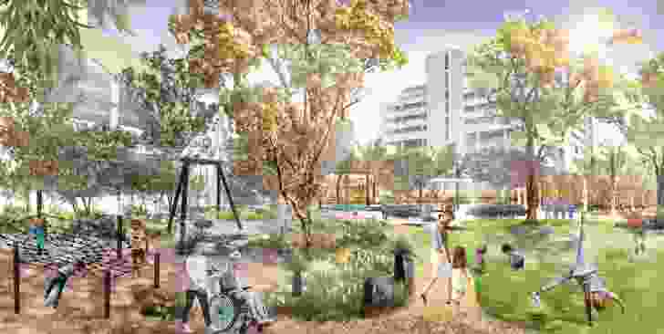 Render of upgraded green space next to the Perth Children's Hospital.