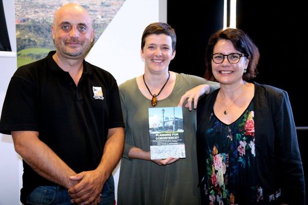 Wurundjeri Tribe Council Elder Uncle Bill Nicholson, author Libby Porter and Stacey Campton from the RMIT Ngarara Willim Indigenous Centre at the launch of book Planning for Coexistence? co-authored with Janice Barry.